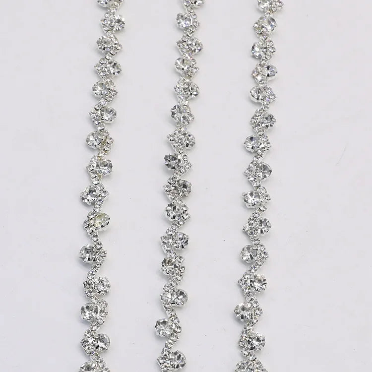 1 Yard Sliver Clear Crystal Rhinestones Trim Ribbon Metal Chain for Wedding Dress, Bag, Shoes Accessories